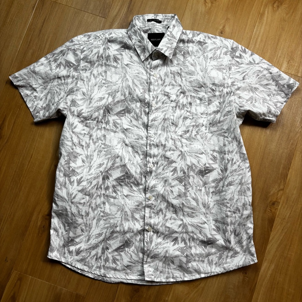 Men's Gray Leaf Print Casual Shirt